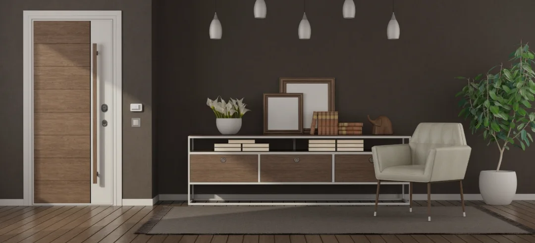 Porte blindée d’appartement à lames bois dans une entrée contemporaine